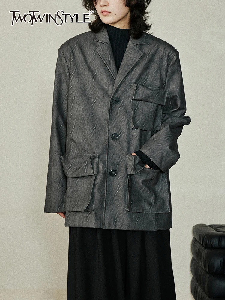 

TWOTWINSTYLE Solid Patchwork Pocket Leather Coat For Women Notched Collar Long Sleeve Spliced Button Chic Blazer Female Style