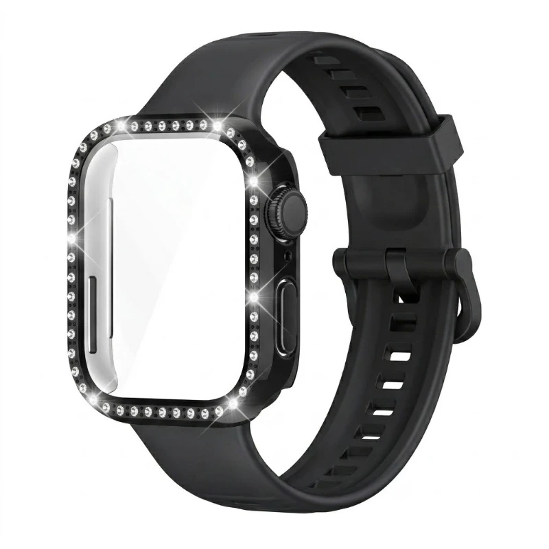 Elegant Silicone Strap with Sparkling Diamond Case - Fashion Sports Bracelet & Protective Cover