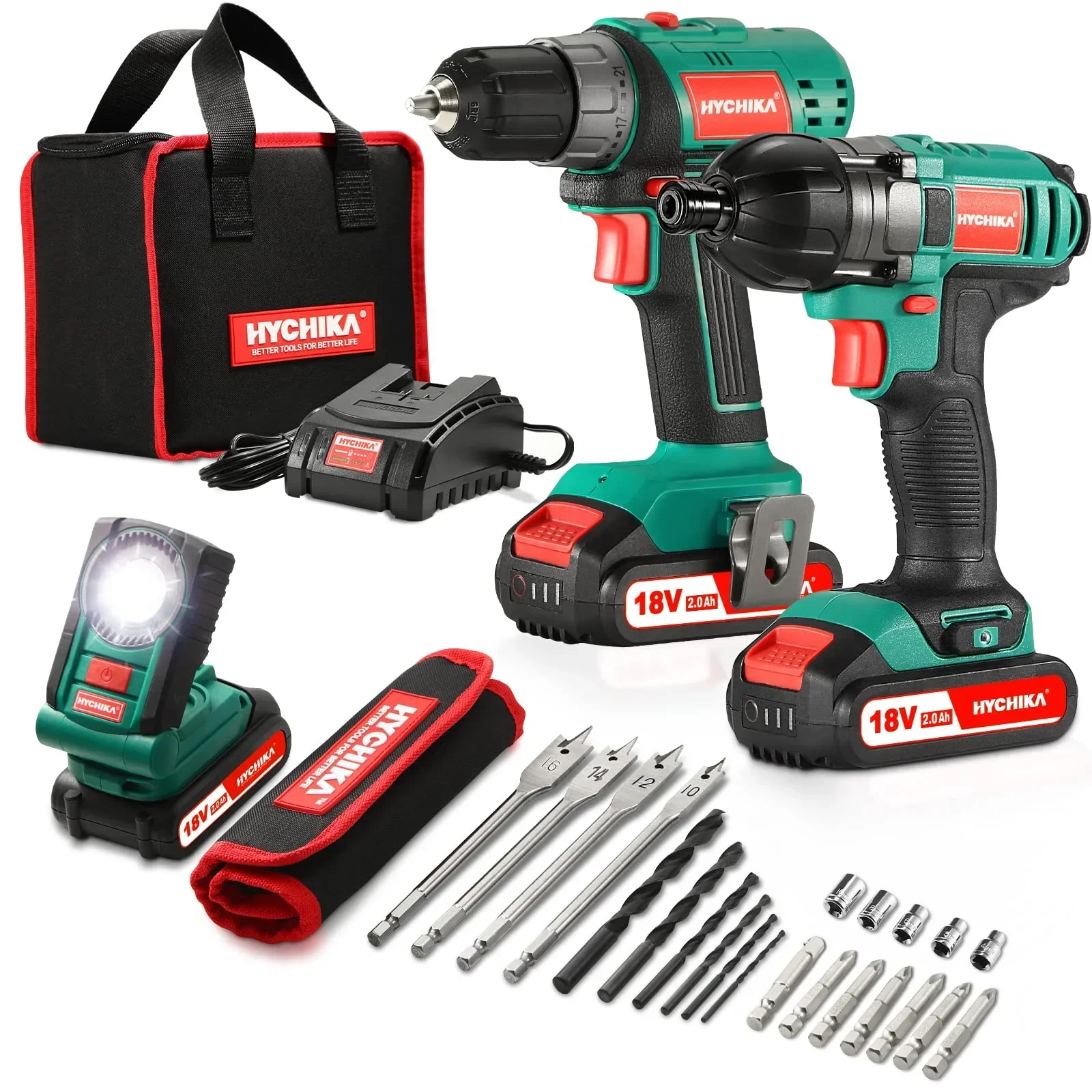 Hychika 18V Combi Drill Driver Imact Driver Kit Trapano A Batteria E Set Di Cacciaviti A Percussione