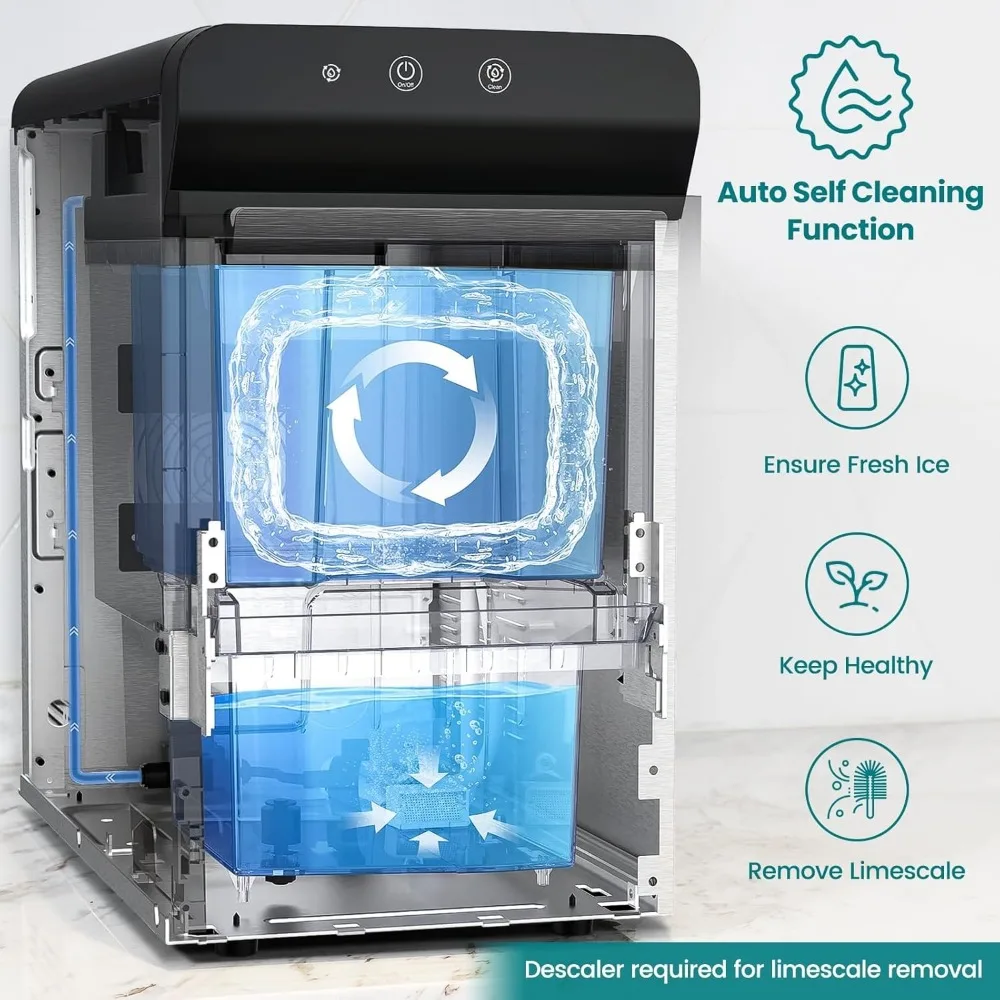 Household countertop ice maker, self-cleaning particles open and pour in water to replenish, stainless steel shell black