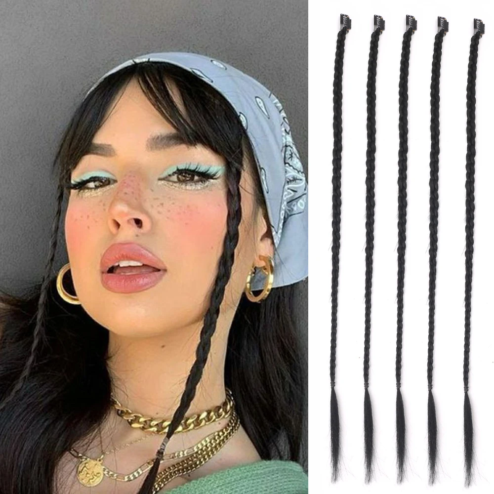 Synthetic 5 Pcs/Lot Clip-in Extensions For Women Ponytail Rainbow Braid Hair Extension 22 Inch Ombre Hairpiece Pink Black Green
