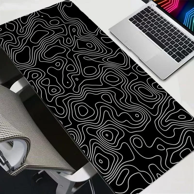 Black White XXL Topographic Map Gaming Mousepad