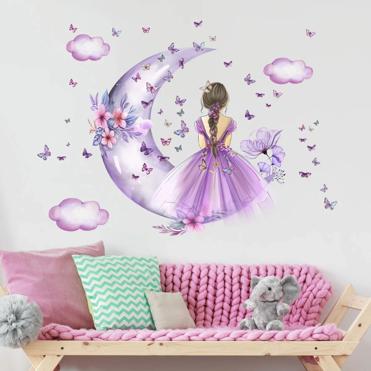 Wall Stickers Girl Moon Butterflies Kid Girls Room Bedroom Decoration Baby Nursery Home Decor Living Room Wall Decal