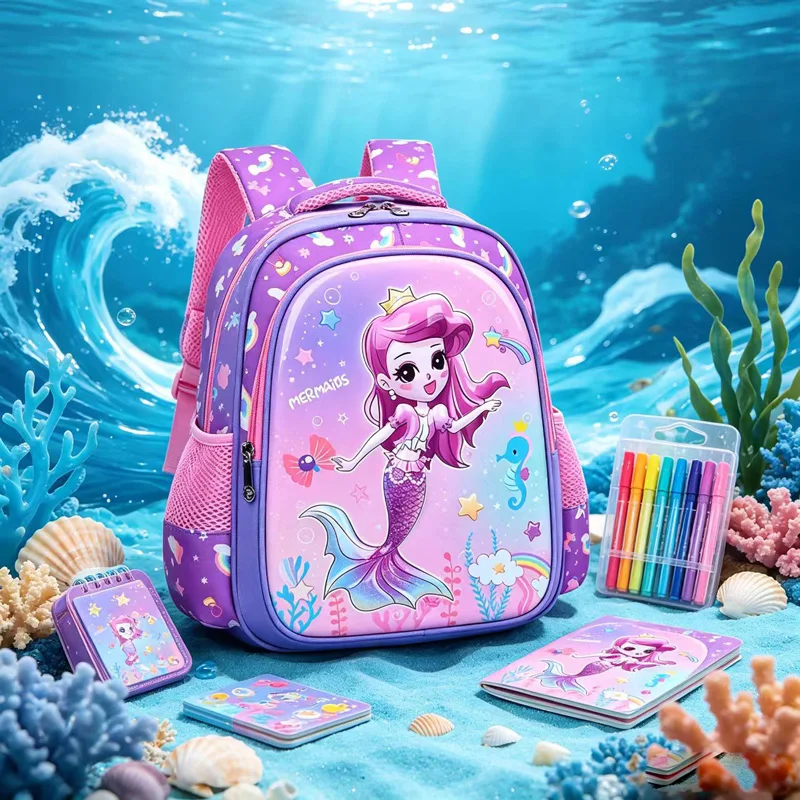 Kids Backpack Purple Girl Elementary Primary School Backpacks Kindergarten Bookbags 3D Mermaid Cute Children Shoulder School Bag 6