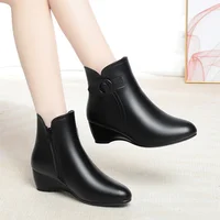 New Autumn Winter Warm Short Boots Women Black Solid Ankle Boots For Heel Zip Point Toe Fleece Wedge Mother Cotton Shoes - Image 2