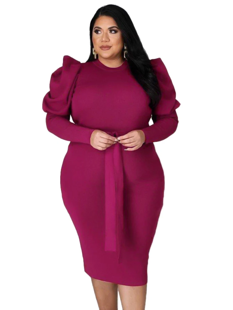 

Plus Size 4XL Elegant Midi Dress Women 2023 Fall Modest Puff Long Sleeve Robes Bodycon Office Ladies Gown with Sashes Vestidos