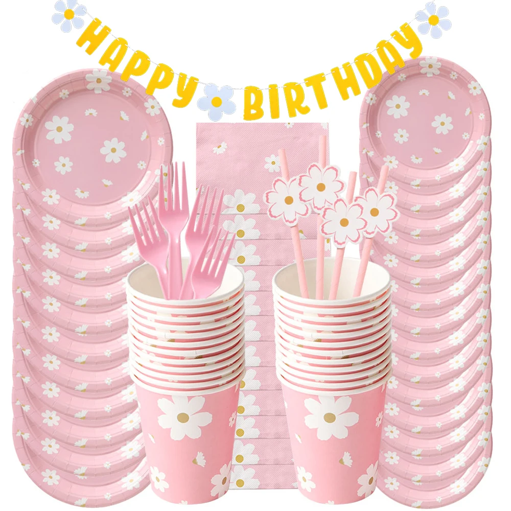 9697pcsDaisyThemedBirthdayPartyPinkDisposableTablewareDaisy