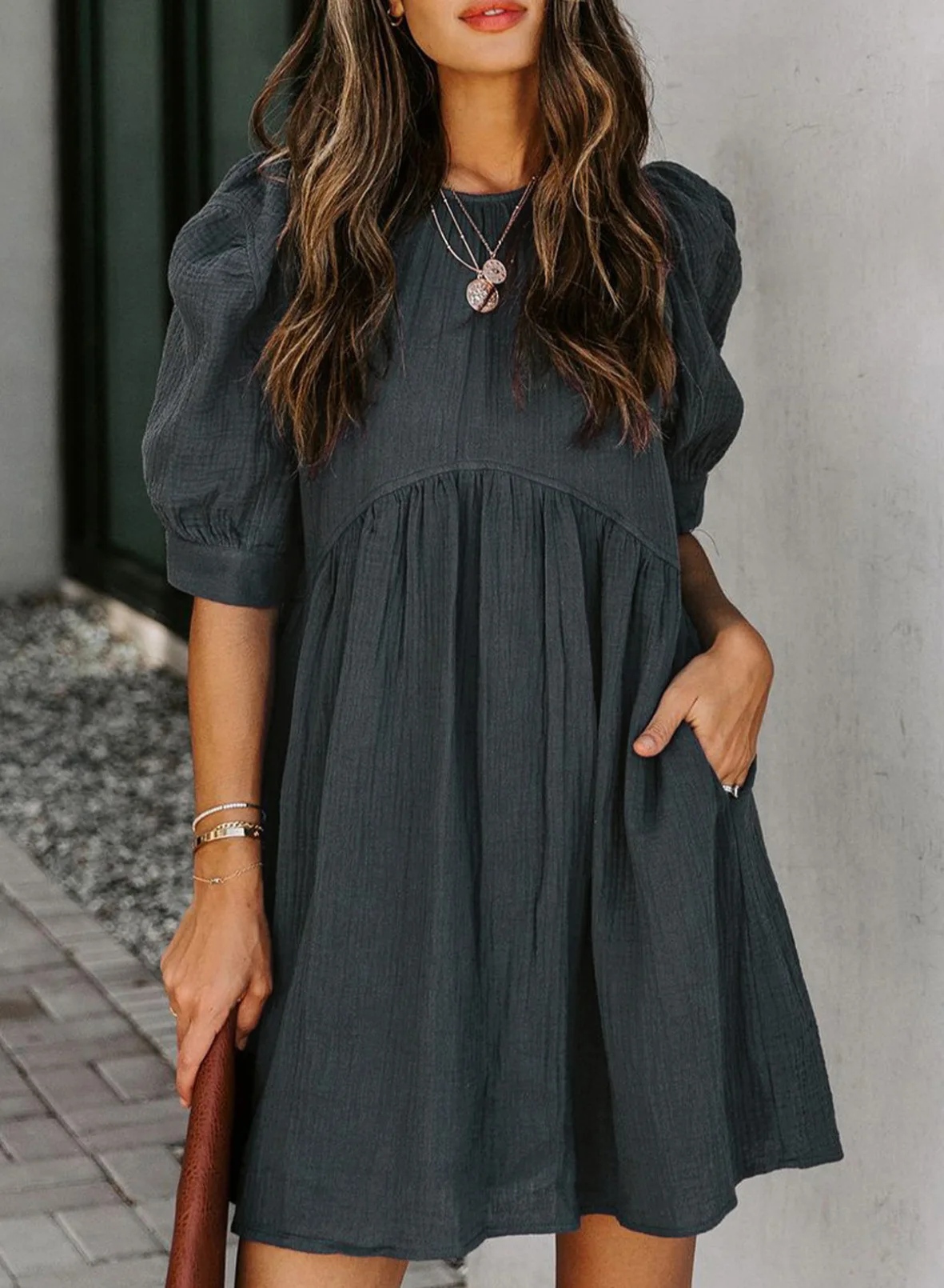 

Elegant Women Casual Dress Solid Color Loose Puff Short Sleeve Round Neck Summer Dress Beachwear