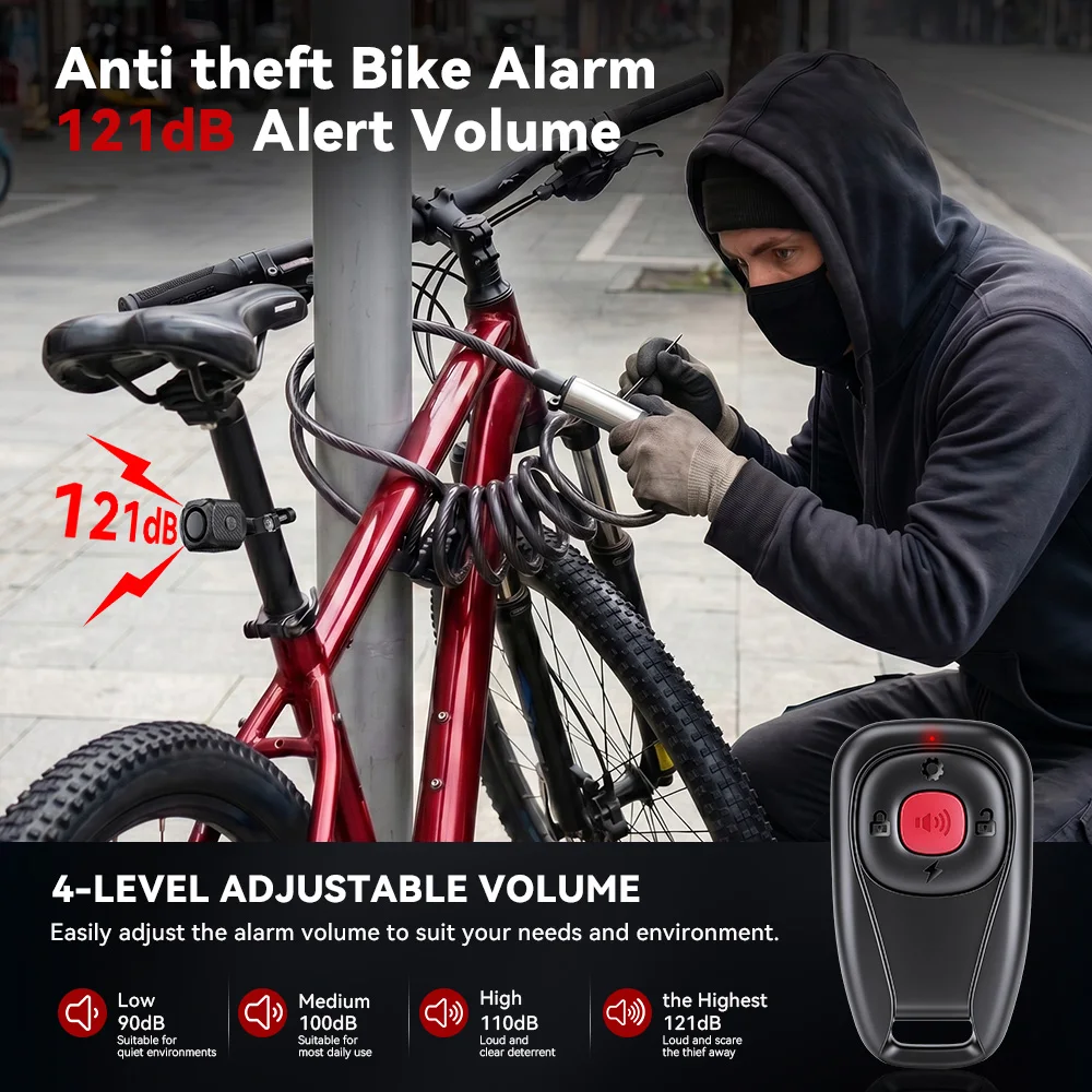 Extractme Alarme bidirectionnelle pour moto et vélo, système de sécurité par vibration, 121 dB, télécommande sans fil, 305 mètres, étanche 3