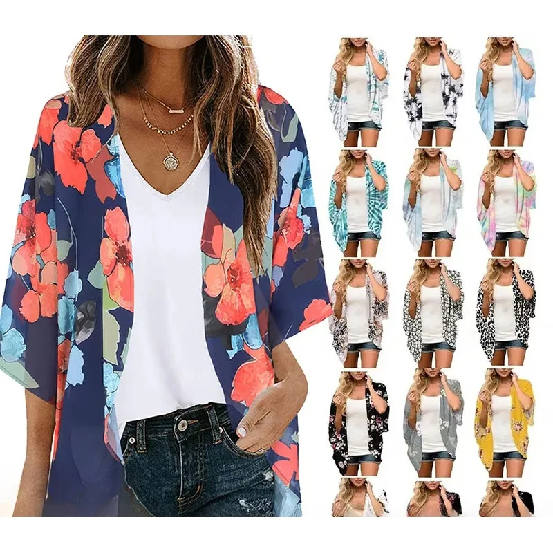 

2023 New Women Summer Long Flowy Kimono Cardigans Boho Chiffon Floral Beach Cover Up Tops Beachwear Hawaii Chiffon Cardigan Top