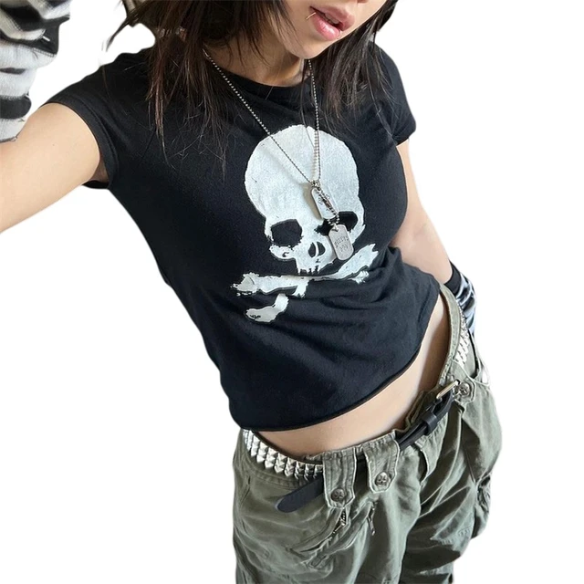 Gothic Skull Punk Streetwear Women's Tee Summer Casual 90s Vintage Grunge Graphic Print Short Sleeve T-Shirt Y2k Slim Crop Top 5