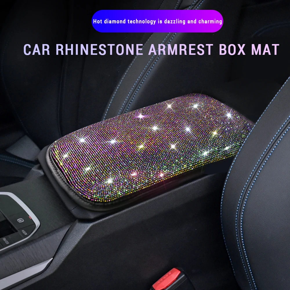 Crystal Car Armrest Mat Universal Leather Waterproof Dust-proof Storage Box Pad Non-slip Cover Bling Car Accessories for Girls