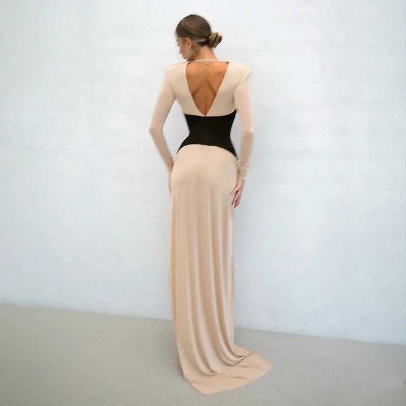 Fashion Simple New Spring and Autumn Women's Deep V-neck Long Sleeve Dress Contrasting Elegant Long Slim Waist High Slit Dress