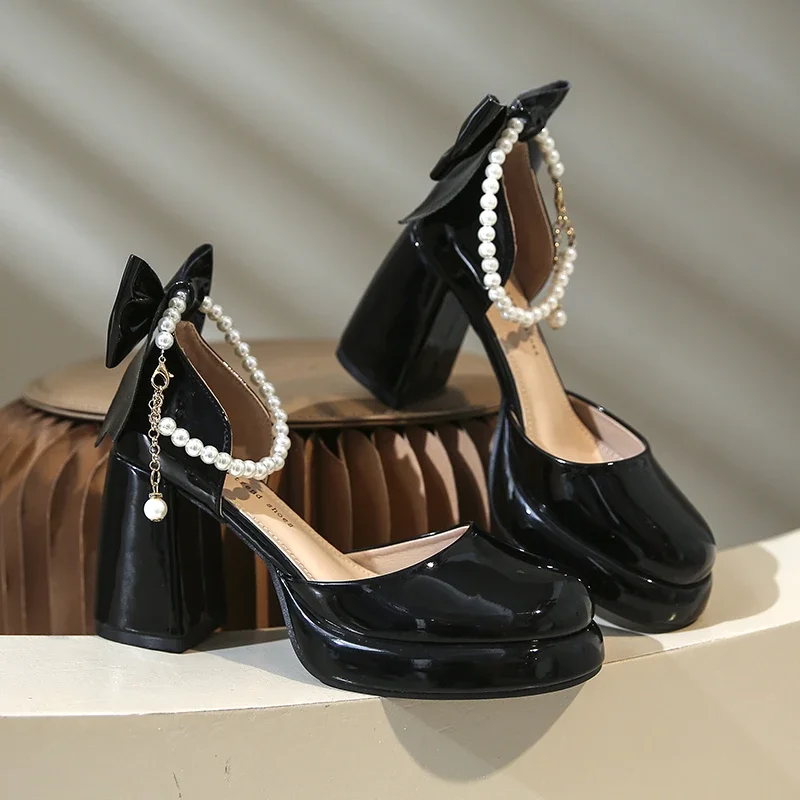 

New Bow High Heel Sandals with Fairy Style Trendy Mary Jane Net Red Pearl Hollow Thick Heel Sandals