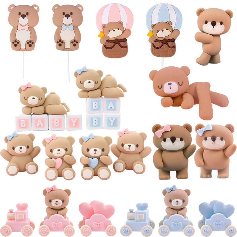 Cute Bear Cake Toppers Pink Blue Bow Bear Doll Cake Topper Boy Girl 1st Birthday Cake Decor Baby Shower Bear Theme Party Decor