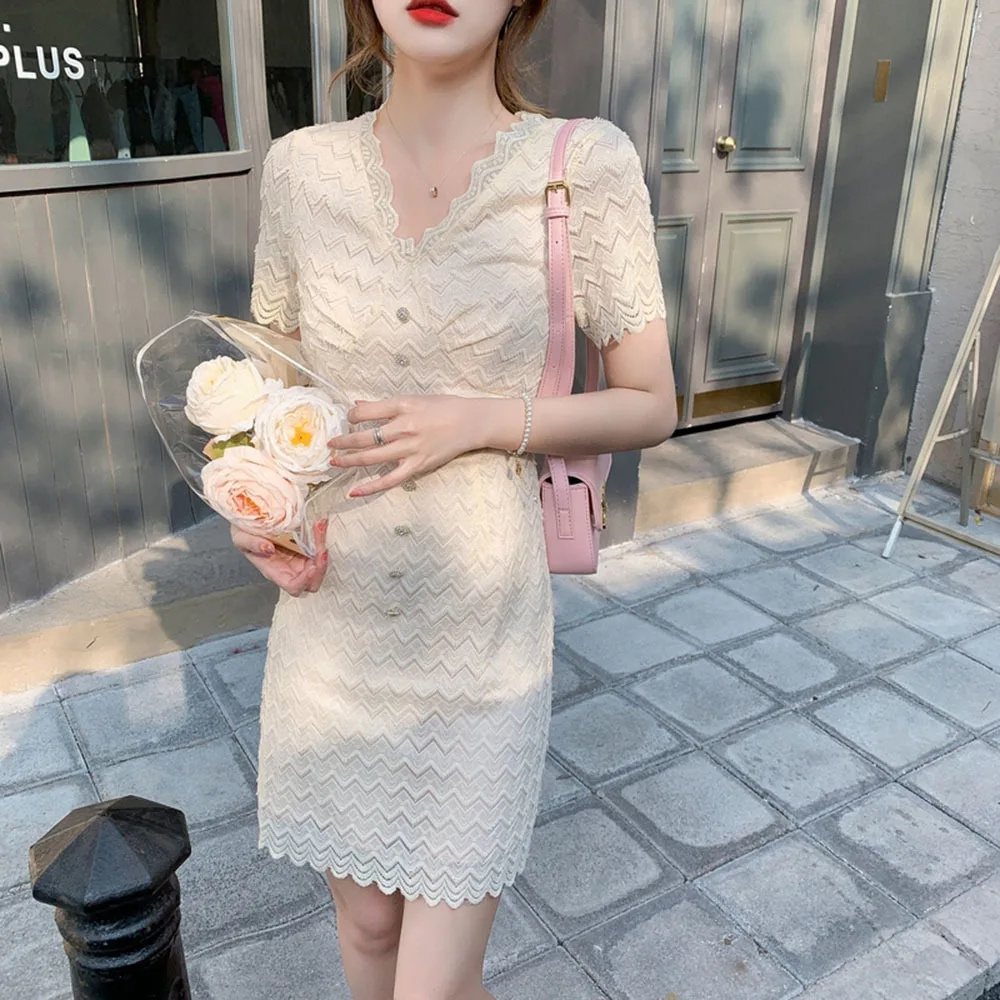 

Womens Dress Elegant Slim Lace Striped V-Neck Short Sleeve Waist Dress New Fashion Summer 2022 Party Women Dresses Lady Vestidos