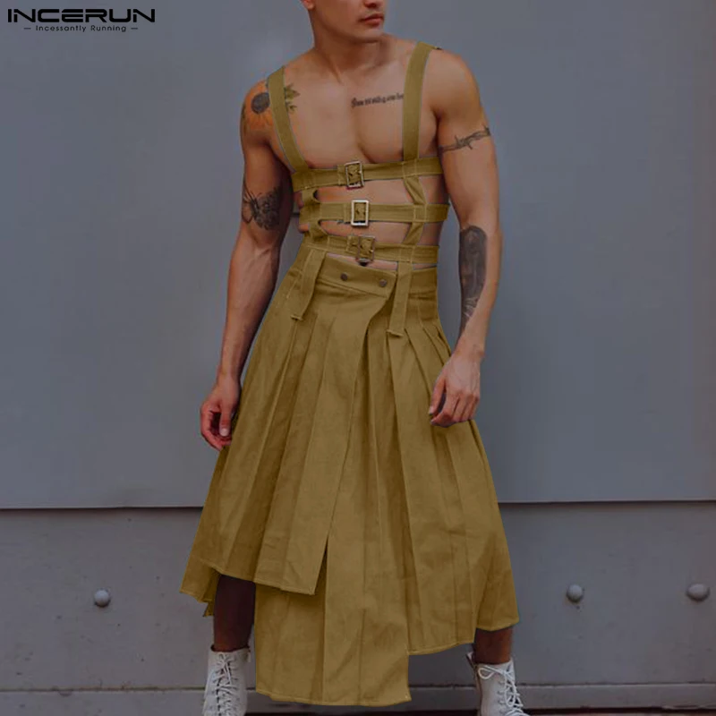 Men Irregular Skirts Jumpsuits Solid Hollow Out Straps Rompers Pants Streetwear Personality Male Skirts S-5XL men rompers