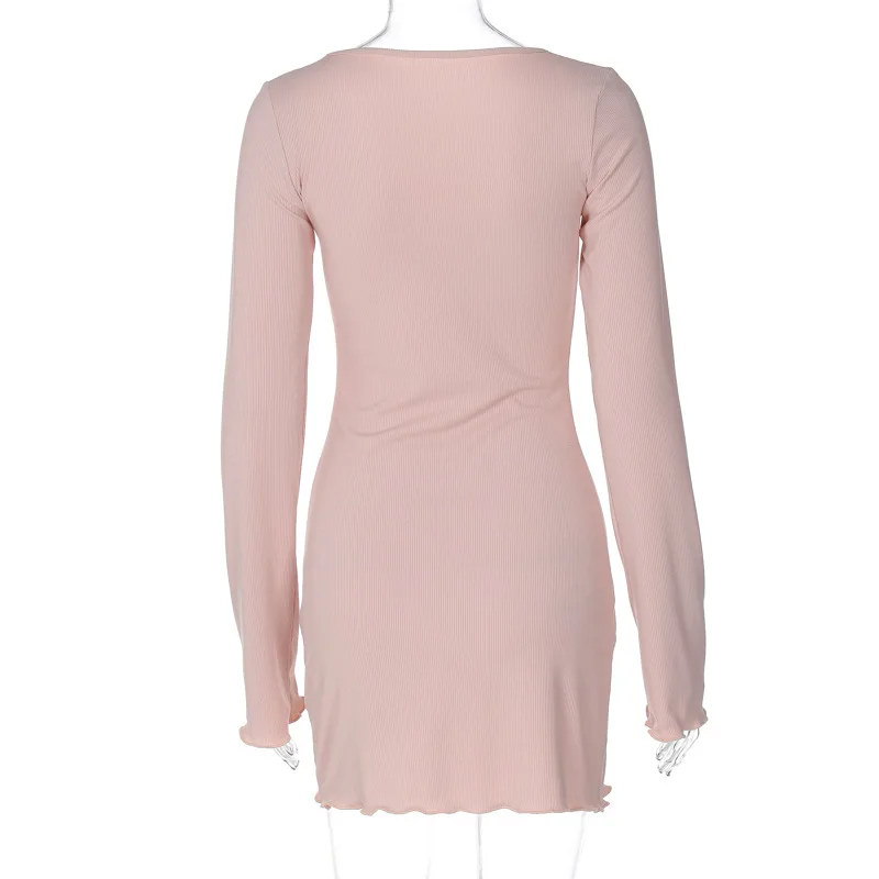 Minivestidos lisos de canalé con cuello redondo y manga larga, ropa de calle Y2K, venta al por mayor, elegante atuendo informal de verano para mujer