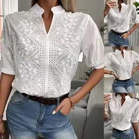 2026 Summer Women's Elegant Short Sleeve White Blouse - Vintage Cotton Crochet Hollow Out Embroidery Tops Fashion