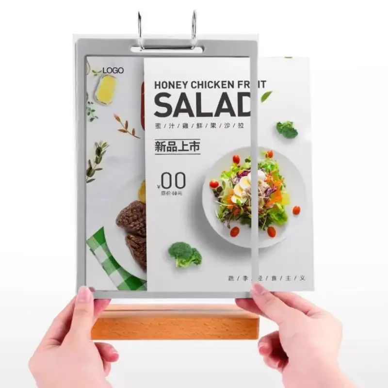 Wooden A4 A5 Double-sided Tab Le Sign Display Holder Menu Price List Card Racks Resturant Pages Turning Table Signboard Stand