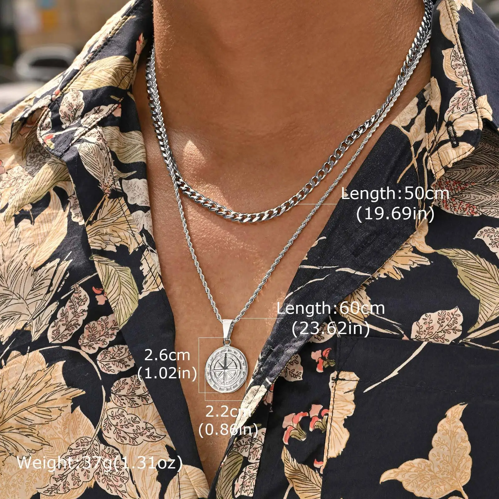 2pcs/set Compass Necklace for Men Boys,Stainless Steel Viking North Star Anchor Medal Round Coin Pendant,Punk Jewelry Gift