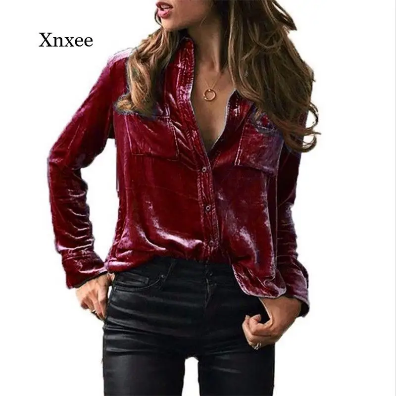 

Autumn Winter Fashion Ladies Velvet Shirt Solid Color Fashion Office Shirt Button Long Sleeve Shirt