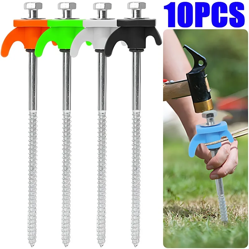 Heavy Duty Metal Spiral Ground Anchors - Set of 10 Camping Tent Stakes with Hex Socket