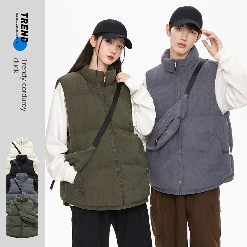 

Men Couple Corduroy Cotton Vest Ladies Autumn Winter Thick Thermal Vest Stand Collar Army Green Plus Size Sleeveless Jacket 4XL