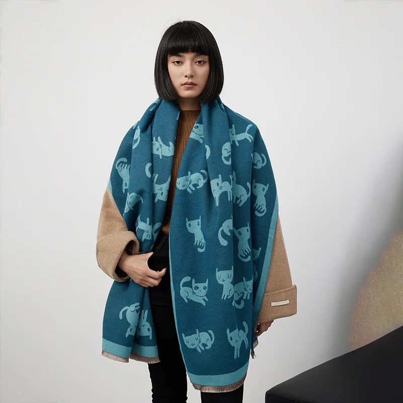 

2023Autumn Winter NewAnimal Jacquard Pussy Cat Imitation Cashmere Women's Scarf Fashion Short Beard Thickened Warm Overlay Shawl