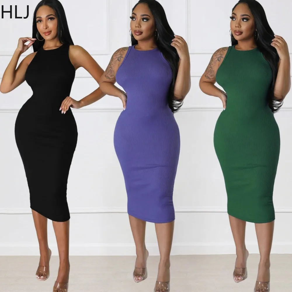 

HLJ Summer New Solid Color Bodycon Mid Dresses Women Round Neck Sleeveless Slim Vestidos Fashion Famele OL Matching Clothes 2024