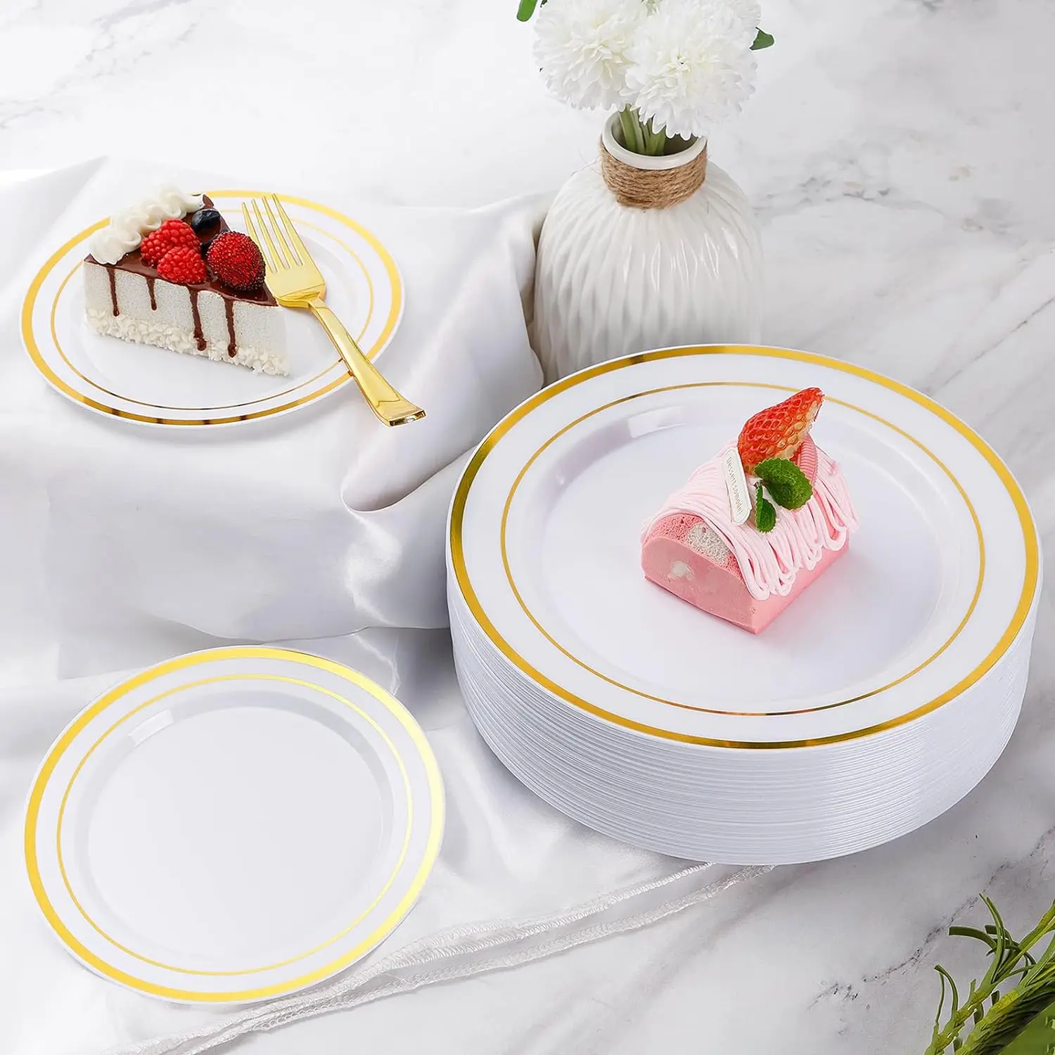 Goodluck 600 Pieces Gold Disposable Plates for 100 Guests, Plastic Plates for Party, Dinnerware Set of 100 Dinner Plates,