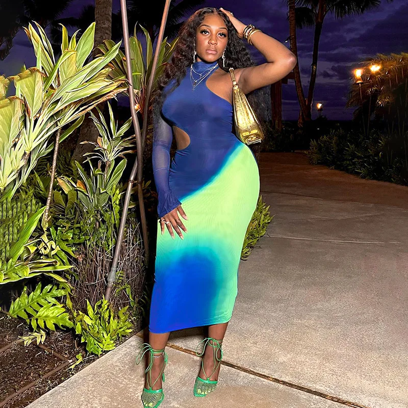 

SKMY Women Clothing Autumn And Winter New Casual Printed Round Neck One Shoulder Patchwork Mesh Long Sleeve Bodycon Dress