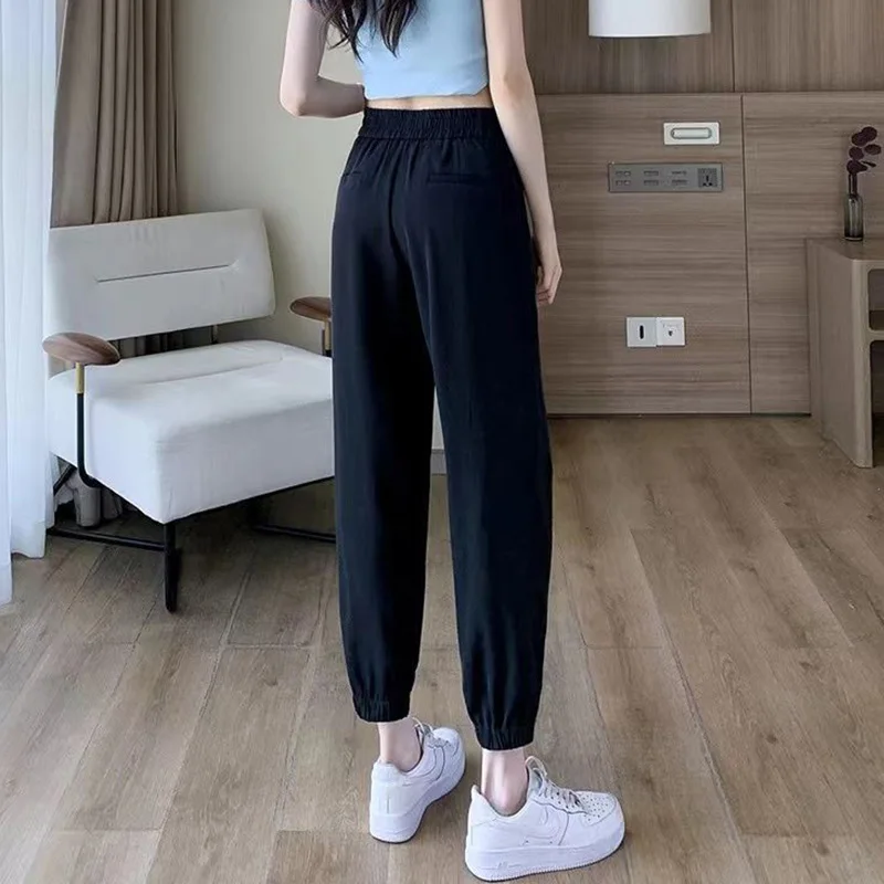 Ice Silk Quick Dried Solid Harun Trousers Lady Summer Thin High Waist Drape Button Nine Point Casual Straight Leg Wide Leg Pants