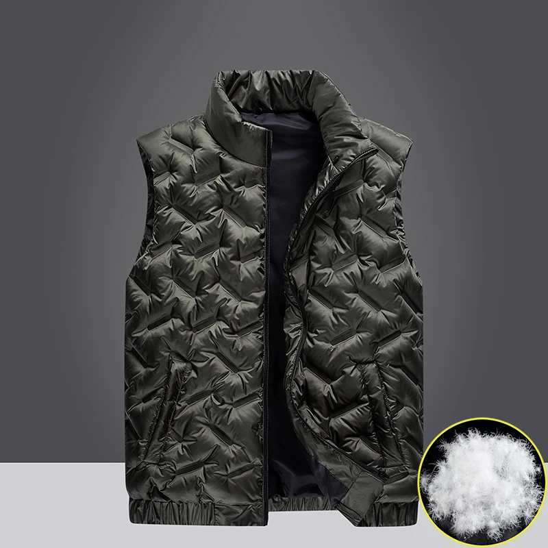 Autumn Winter Men's Turtleneck Solid Feather Printing Zipper Pocket Sleeveless Vest Cardigan Coats Loose Fashion Casual Tops hlj pink letter printing bodycon romper women zipper sleeveless slim jumpsuit casual sporty solid color ribber one piece overall