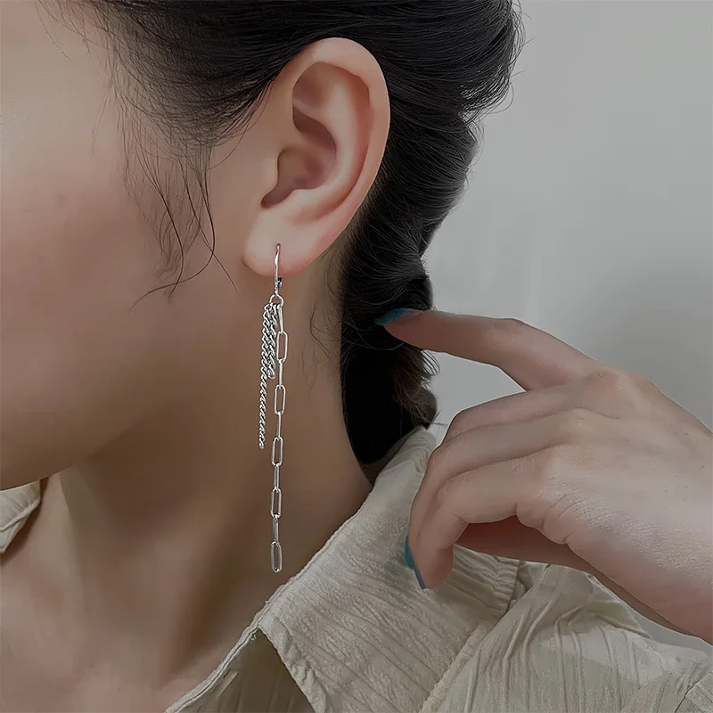 Silver Asymmetrical Long Earrings for Women Tassel Ear Chain Ear Buckles long earrings crystal tassel earrings