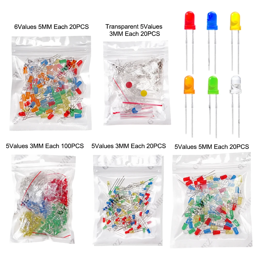 3MM 5MM 노란색 주황색 발광 다이오드 전자제품 키트 F3 F5 LED 다이오드 모듬 키트 흰색 녹색 빨간색 파란색 발광 LED F3