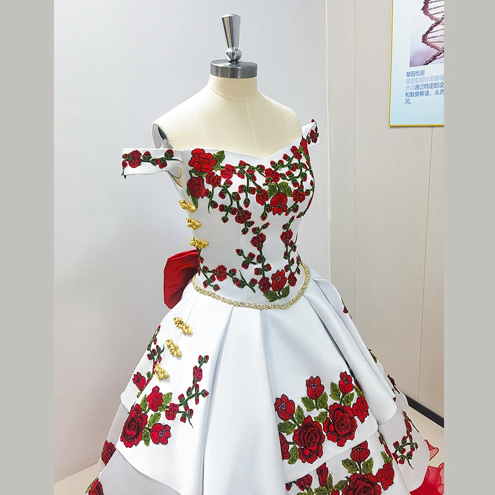 Prom Dress Gorgeous Embroidery Charro Quinceanera Off The Shoulder Bow Tiered Satin Ball Gown Sweet Evening Party party dress,quinceanera dresses