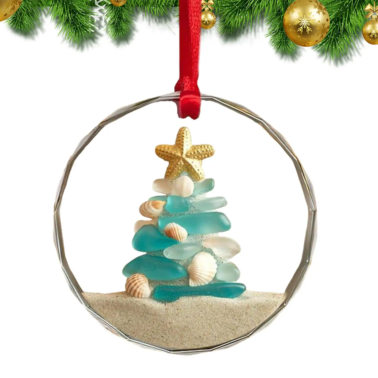 Beach Christmas Ornaments Handmade Sea Glass Pendant Decor Keepsake Charm with Rope for Bedroom Porch Window Decoration