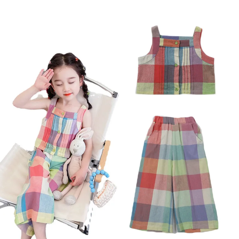 

Children's 2-piece Summer New Small and Medium-sized Girl Baby Set with Checked Cotton Suspender Pants Set Clothing for Girls