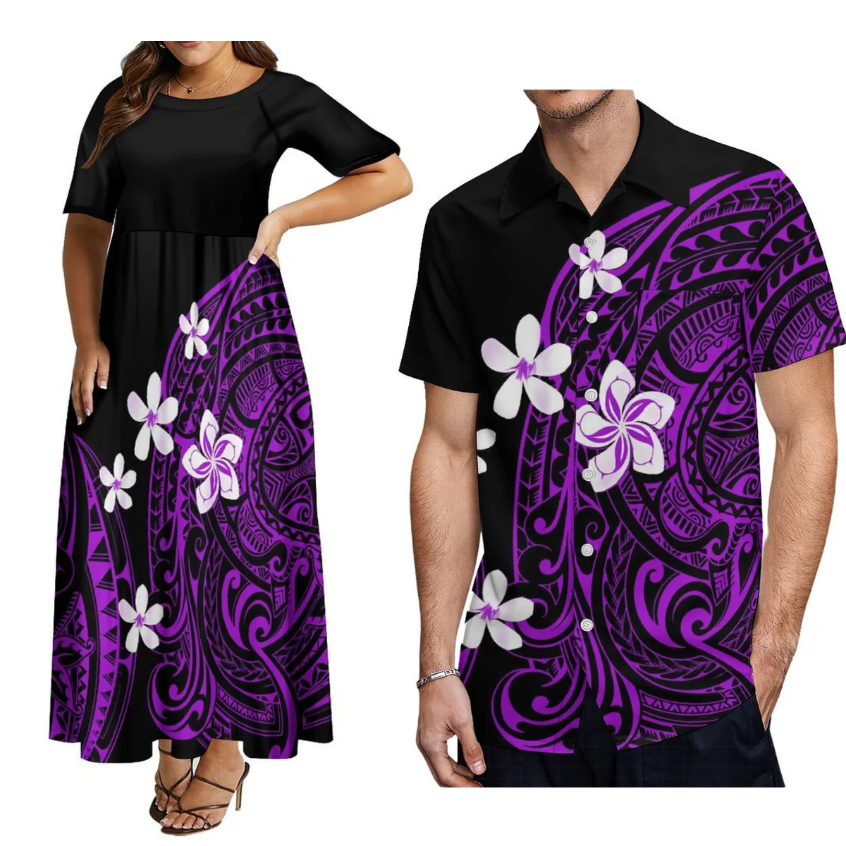 

New Design Women'S Short Sleeve Dress Breathable Long Skirt With Men'S Aloha Shirt Polynesian Island Design Free Shipping