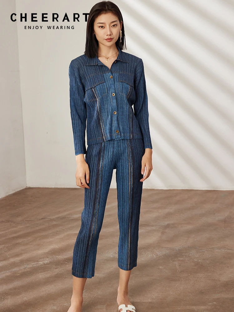 cheerart-designer-spring-2023-miyake-pleated-2-piece-sets-women-outfit-long-sleeve-shirt-and-pants-set-new-in-matching-sets