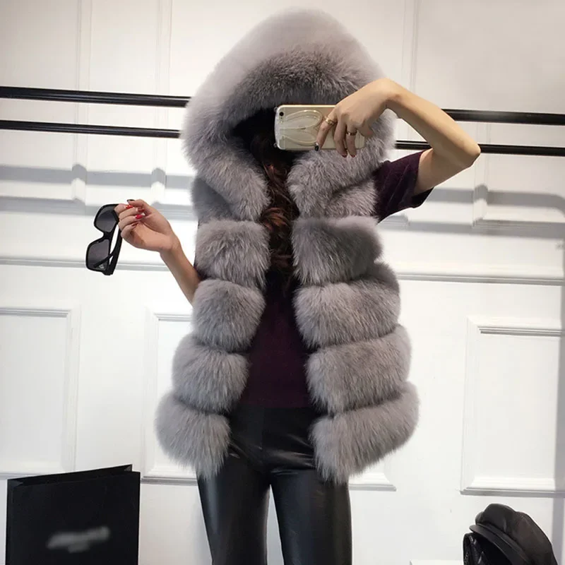 Sleeveless Faux Fur Vest Winter Casual Outerwear Female Solid Fake Fox Fur Hooded Overcoats For Lady 2024 Fashion Fur Vest Femme
