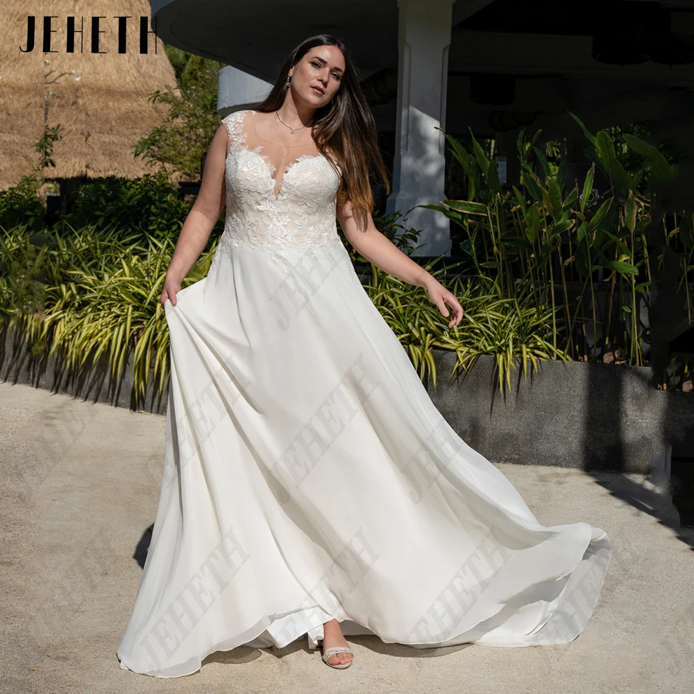 

JEHETH Elegant Weddig Dresses Plus Size Cap Sleeves O-Neck Illusion Back Bride Gowns Chiffon A-Line Applique vestidos de novia