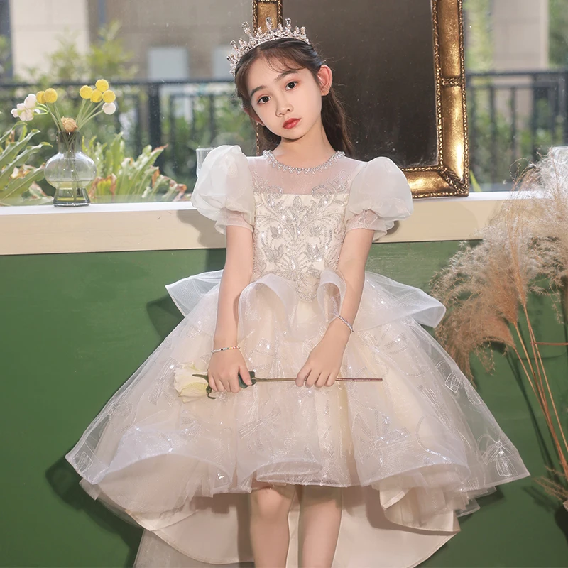 

Sweet Girl Evening Dress Beading Round Neck Puff Sleeves Applique Sequin Irregular Ball Gown Summer Elegant Formal Dresses