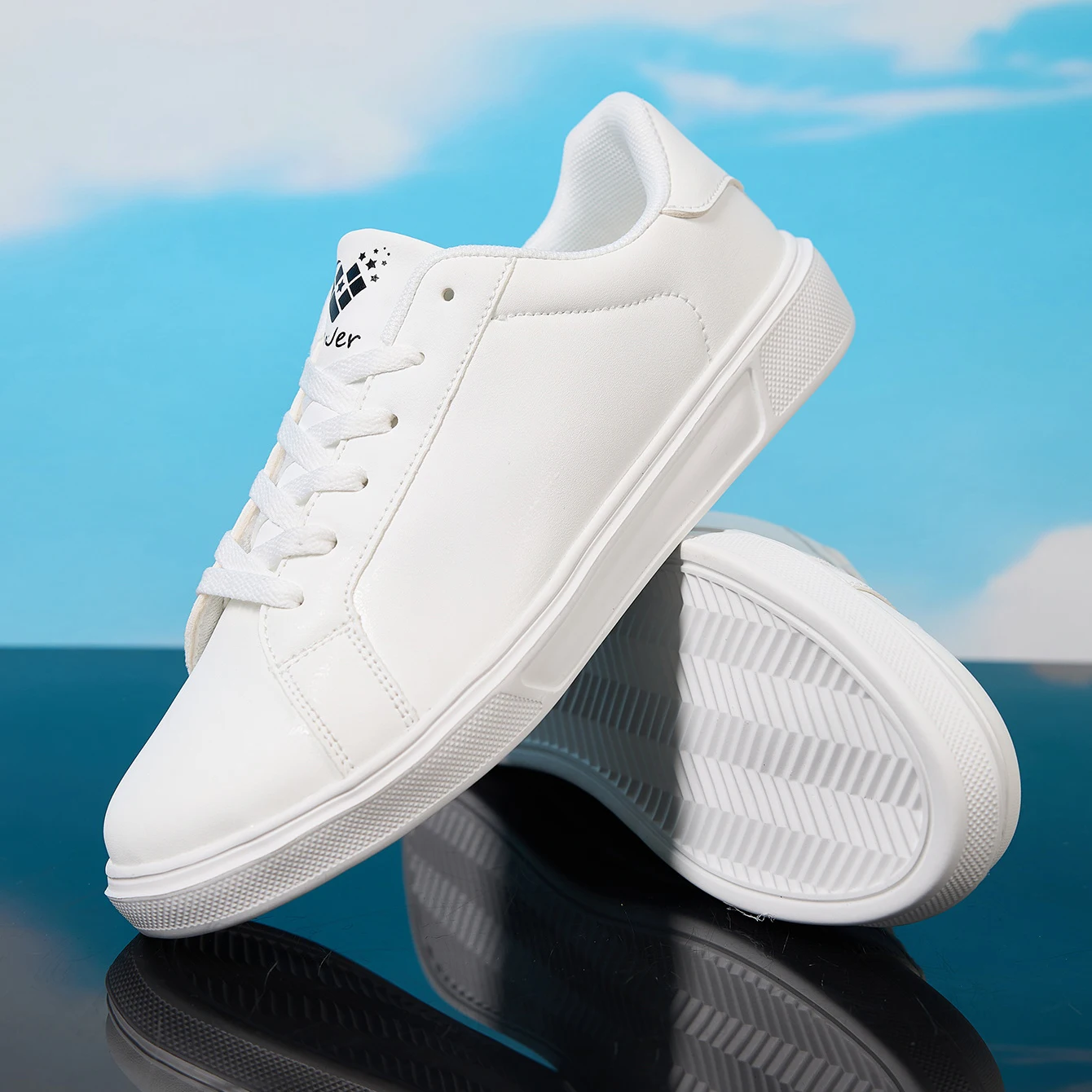 ZERJER Men's White/Black Casual Leather Sneakers, Low Top Lace-Up Skate Shoes, Comfortable Walking Footwear 4