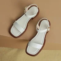 Sandales d'été en cuir de luxe pour femmes, à la mode, carrées, à lanières, confortables, à talons compensés 6
