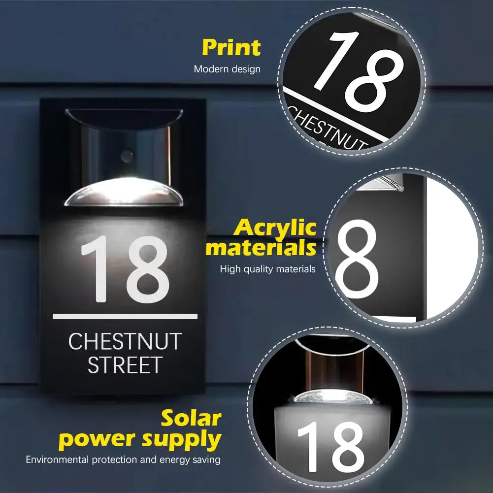 Personalized Solar House Sign Acrylic Plaque Led Customized Outdoor Name Plaque Number House Address Street Solar Sign