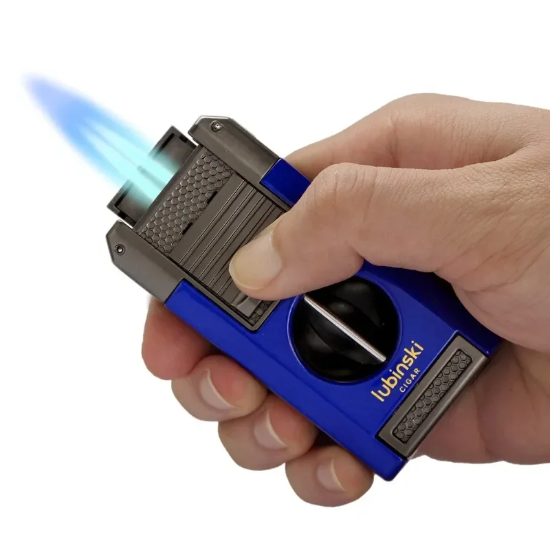 LUBINSKI 4-in-1 Cigar Turbo Lighter V-Type Cigar Cutter Cigar Punching Needle Metal 2-Torch Butane Gas Jet Lighter Men's Gifts 3