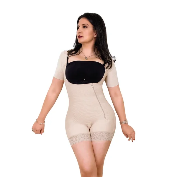 

Beige Middle Sleeve Zip Adjustable Shapewear Shaper Breathable Fabric Front Closure Bodysuit Women Lace