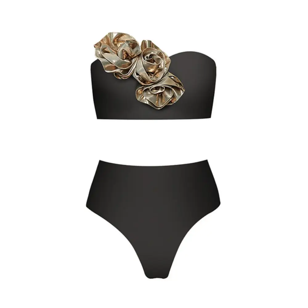 Golden 3D Flower Bikini Solid Black or White Swimsuit Sexy High Waisted Strapless Bikini Women Two Pieces Swimwear for Swimming